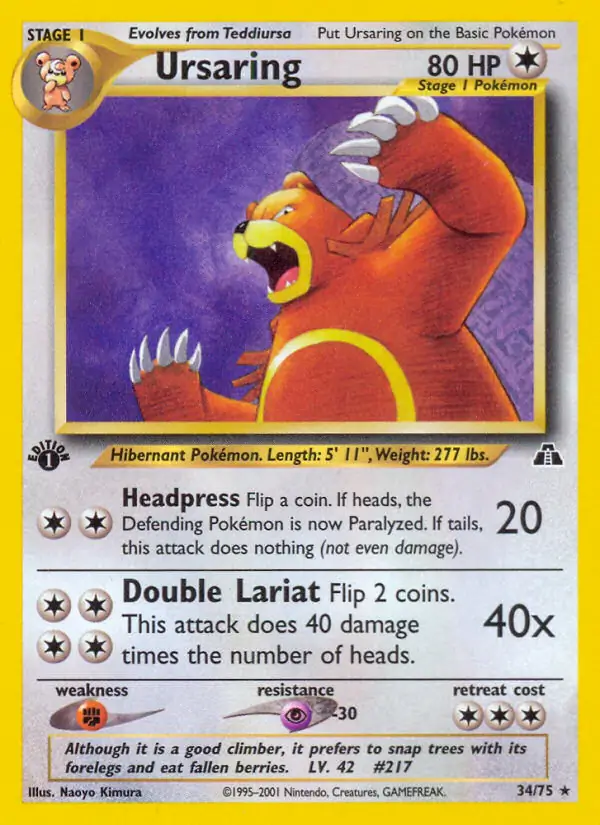 Ursaring Pokemon card from Neo Discovery 1st Edition