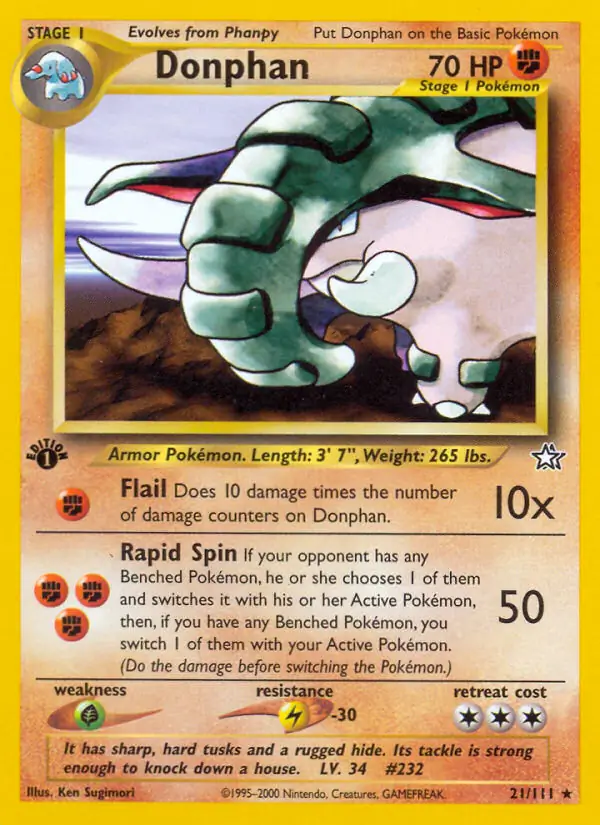 Donphan Pokemon card from Neo Genesis 1st Edition