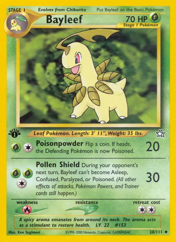 Bayleef Pokemon card from Neo Genesis 1st Edition