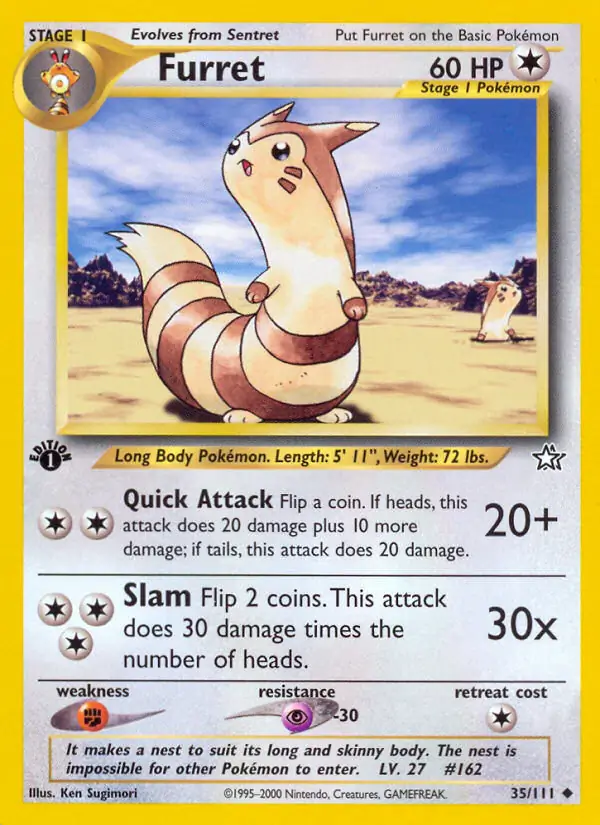Furret Pokemon card from Neo Genesis 1st Edition