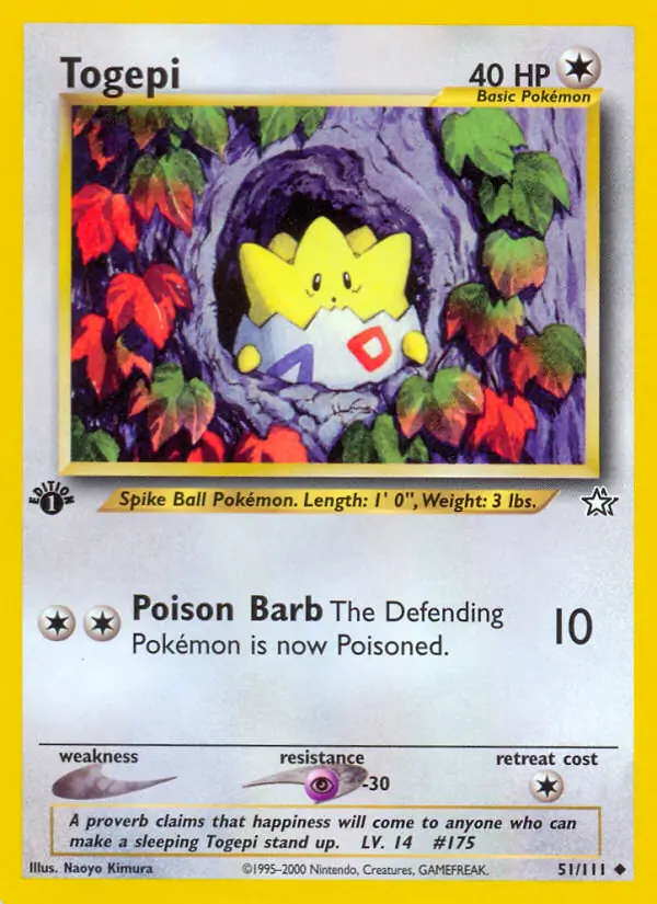 Togepi Pokemon card from Neo Genesis 1st Edition