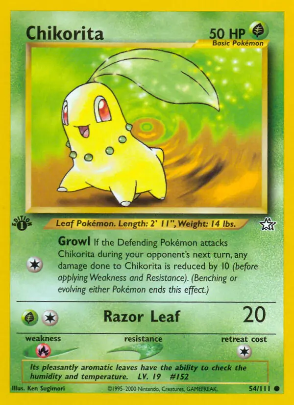 Chikorita Pokemon card from Neo Genesis 1st Edition