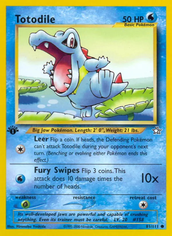 Totodile Pokemon card from Neo Genesis 1st Edition