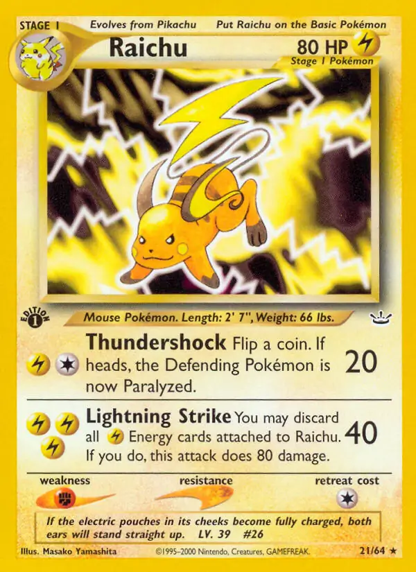 Raichu Pokemon card from Neo Revelation 1st Edition