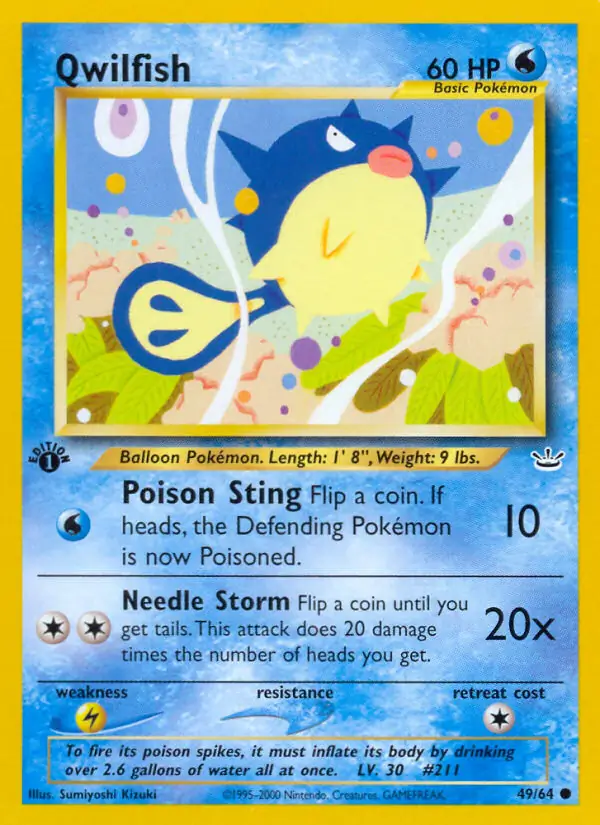 Qwilfish Pokemon card from Neo Revelation 1st Edition