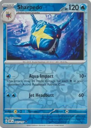 Sharpedo Reverse Holo Pokemon card from Obsidian Flames
