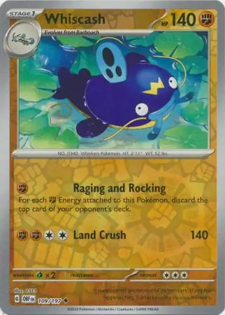 Whiscash Reverse Holo Pokemon card from Obsidian Flames