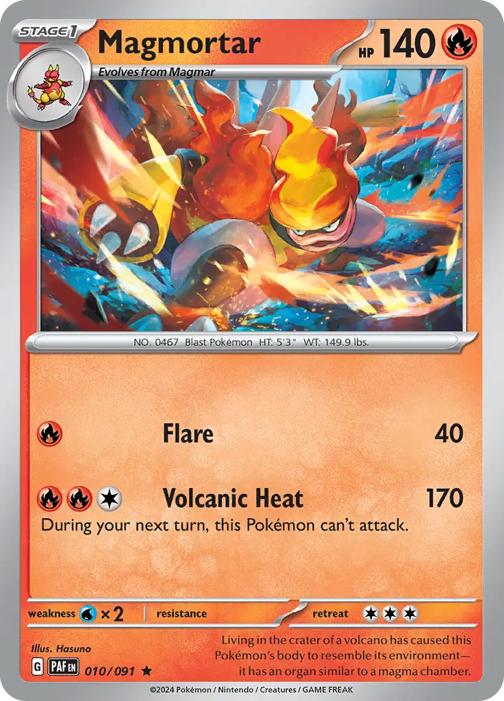 Magmortar Pokemon card from Paldean Fates