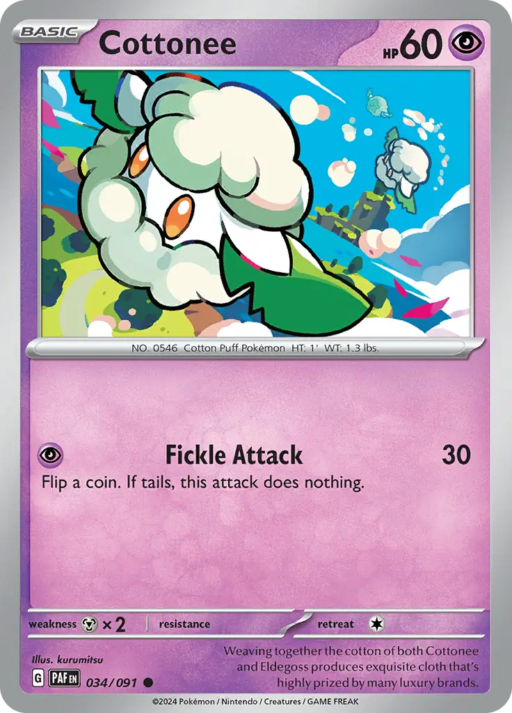 Cottonee Pokemon card from Paldean Fates