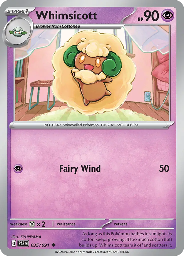 Whimsicott Pokemon card from Paldean Fates