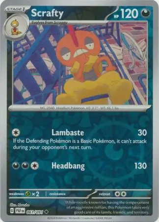 Scrafty Reverse Holo Pokemon card from Paldean Fates