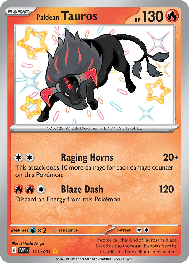 Paldean Tauros Pokemon card from Paldean Fates