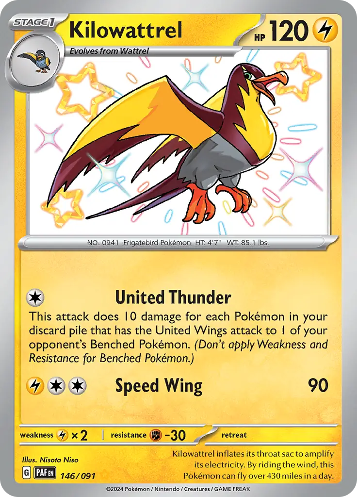 Kilowattrel Pokemon card from Paldean Fates