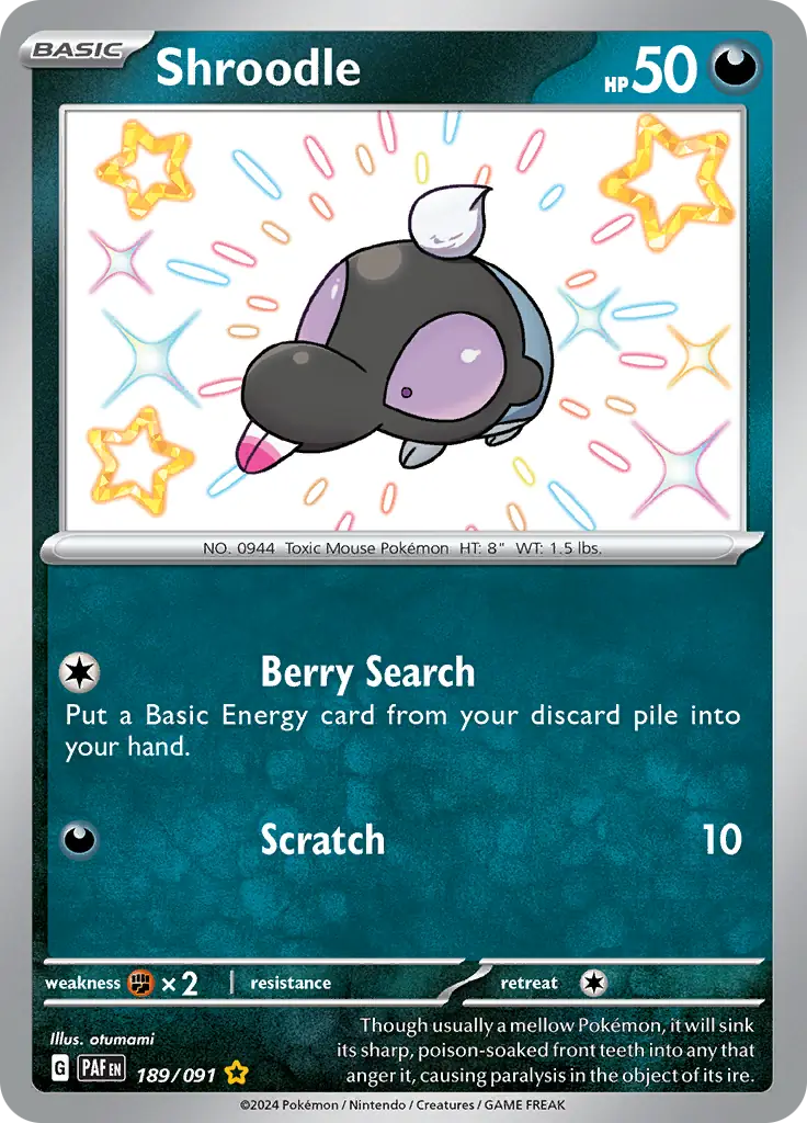 Shroodle Pokemon card from Paldean Fates