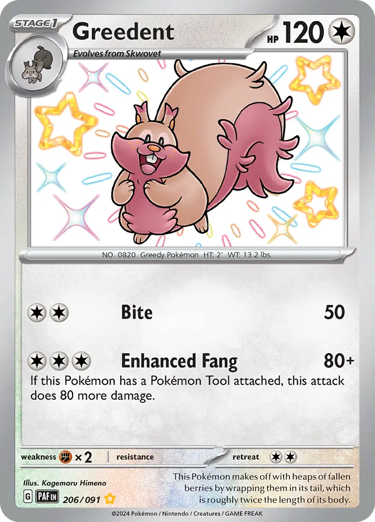 Greedent Pokemon card from Paldean Fates