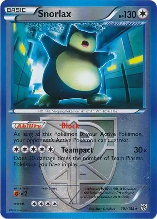 Snorlax Reverse Holo Pokemon card from Plasma Storm