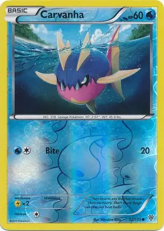 Carvanha Reverse Holo Pokemon card from Plasma Storm