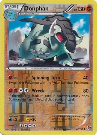 Donphan Reverse Holo Pokemon card from Plasma Storm