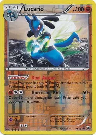 Lucario Reverse Holo Pokemon card from Plasma Storm
