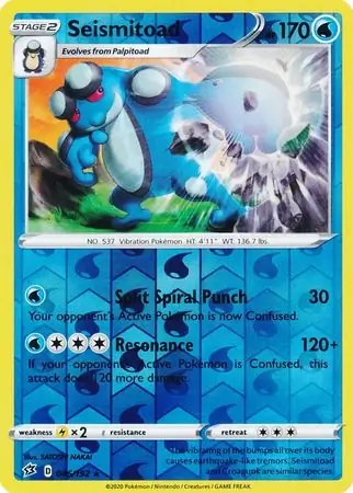 Seismitoad Reverse Holo Pokemon card from Rebel Clash