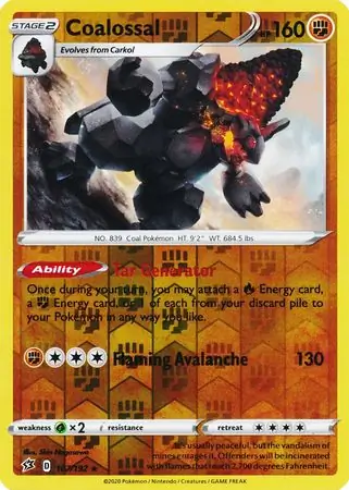 Coalossal Reverse Holo Pokemon card from Rebel Clash