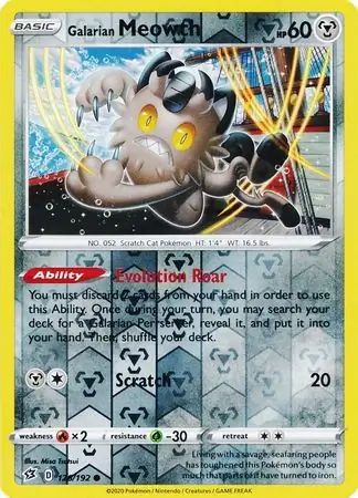 Galarian Meowth Reverse Holo Pokemon card from Rebel Clash
