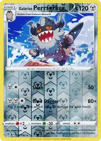 Galarian Perrserker Reverse Holo Pokemon card from Rebel Clash