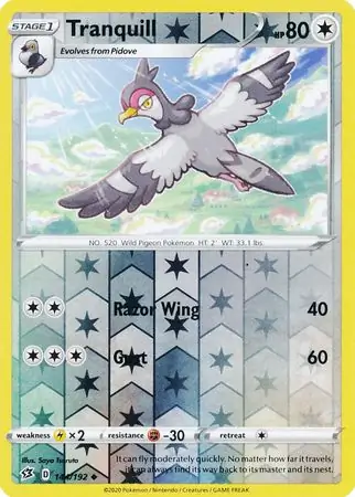 Tranquill Reverse Holo Pokemon card from Rebel Clash