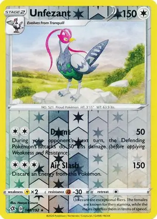 Unfezant Reverse Holo Pokemon card from Rebel Clash