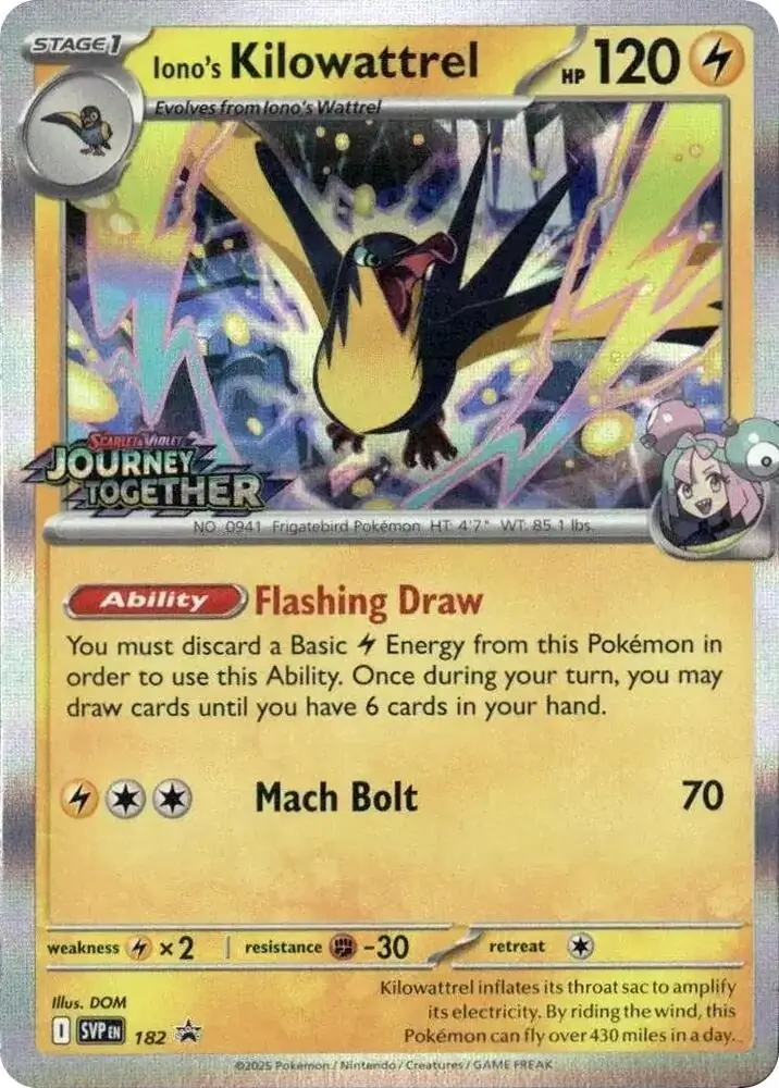 Iono's Kilowattrel Prerelease Pokemon card from Scarlet & Violet Promos