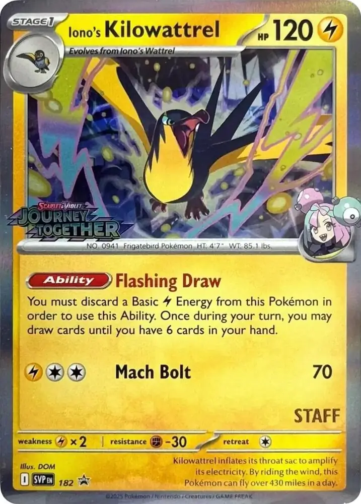 Iono's Kilowattrel Staff Prerelease Pokemon card from Scarlet & Violet Promos