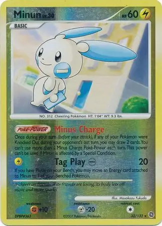 Minun Reverse Holo Pokemon card from Secret Wonders