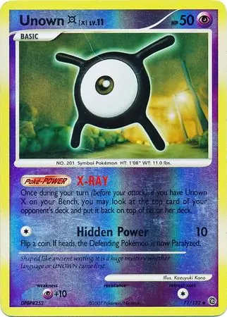 Unown X Reverse Holo Pokemon card from Secret Wonders