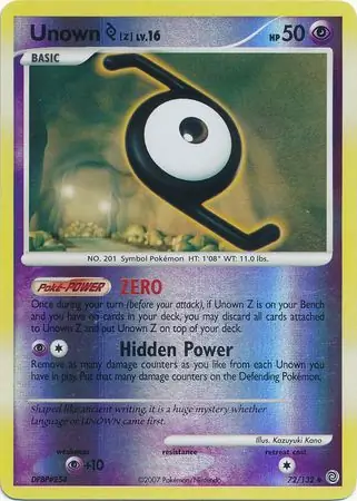 Unown Z Reverse Holo Pokemon card from Secret Wonders