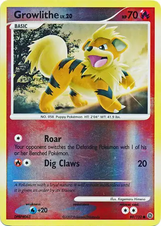 Growlithe Reverse Holo Pokemon card from Secret Wonders