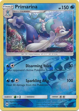 Primarina Reverse Holo Pokemon card from Sun & Moon