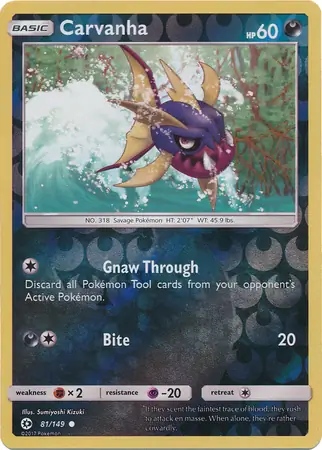 Carvanha Reverse Holo Pokemon card from Sun & Moon