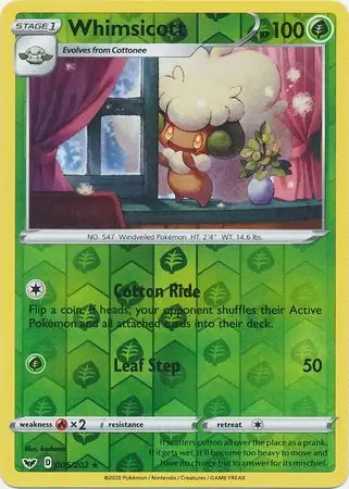 Whimsicott Reverse Holo Pokemon card from Sword & Shield