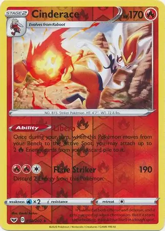Cinderace Reverse Holo Pokemon card from Sword & Shield