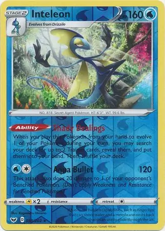 Inteleon Reverse Holo Pokemon card from Sword & Shield