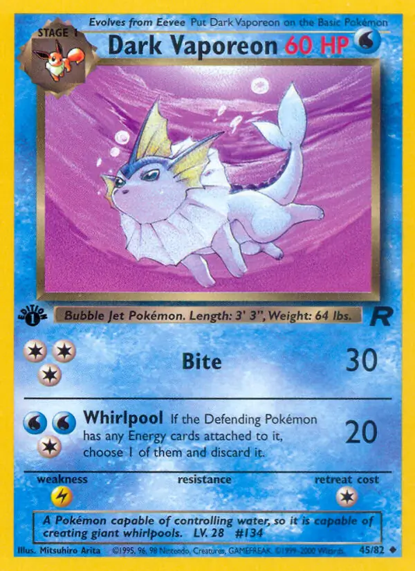 Dark Vaporeon Pokemon card from Team Rocket 1st Edition
