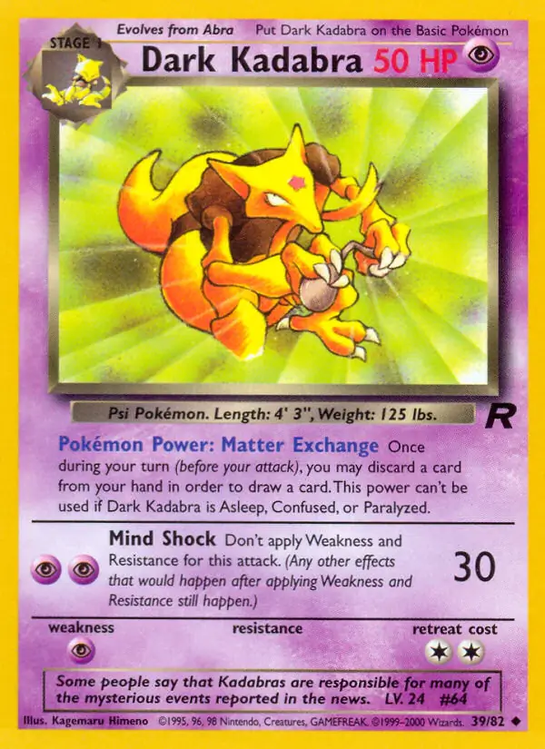 Dark Kadabra Pokemon card from Team Rocket