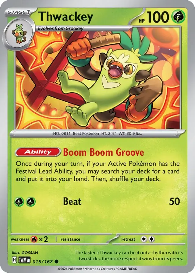Thwackey Pokemon card from Twilight Masquerade