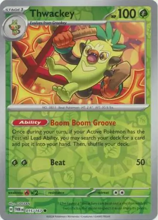 Thwackey Reverse Holo Pokemon card from Twilight Masquerade