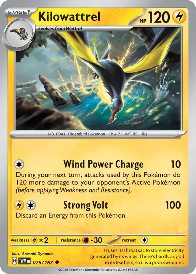Kilowattrel Pokemon card from Twilight Masquerade