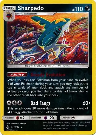 Sharpedo Reverse Holo Pokemon card from Unbroken Bonds