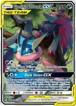 Full Art Greninja & Zoroark GX Pokemon card from Unbroken Bonds