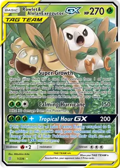 Rowlet & Alolan Exeggutor GX Pokemon card from Unified Minds