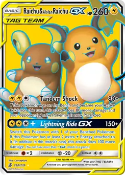 Full Art Raichu & Alolan Raichu GX Pokemon card from Unified Minds