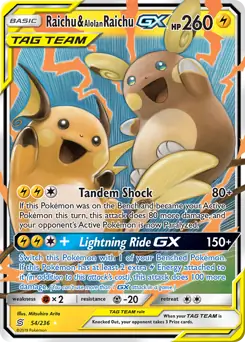 Raichu & Alolan Raichu GX Pokemon card from Unified Minds